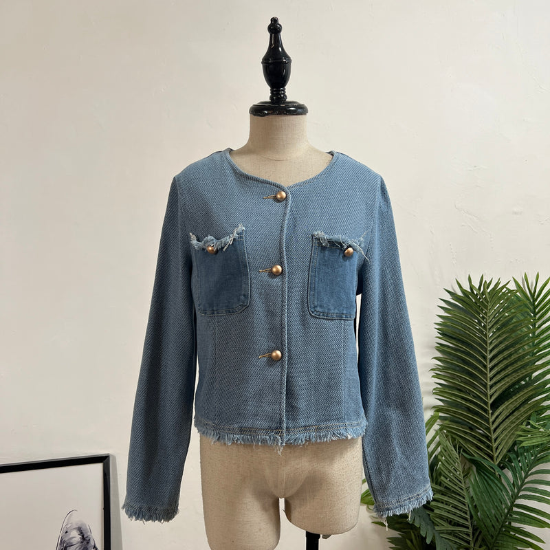 241059 -Fringed Trim Denim Jacket