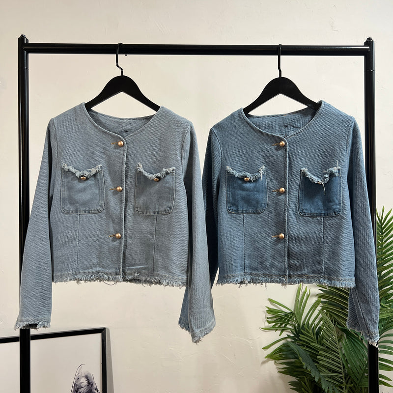 241059 -Fringed Trim Denim Jacket